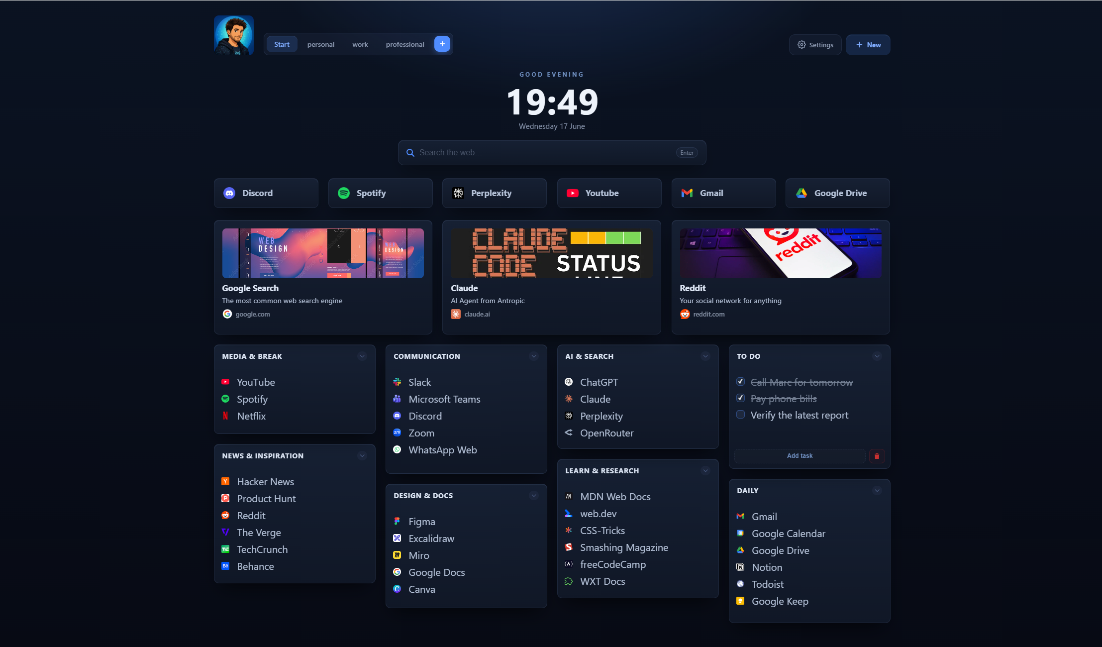 ReadyTab — Midnight theme